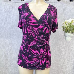 Dana Buchman Large Faux Wrap Top Pink Black Tropical Floral Ruched Stretch